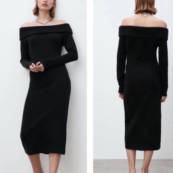 NWT ZARA Off-Shoulder Black Knit Midi Dress M - Picture 1 of 9